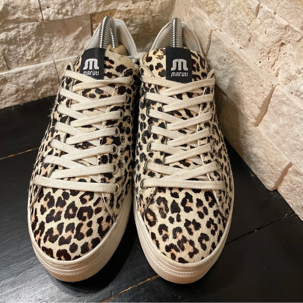 Anthropologie Maruti Gyna Leopard-Print Pony Hair Trainers, size 38/ 7.5
